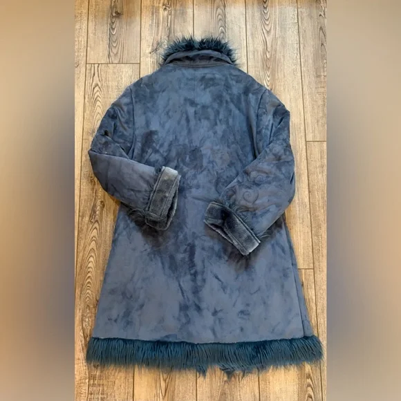 North Legend Faux Shearling Coat Boho Toggle Fur Trim Embroidered - Picture 9 of 14